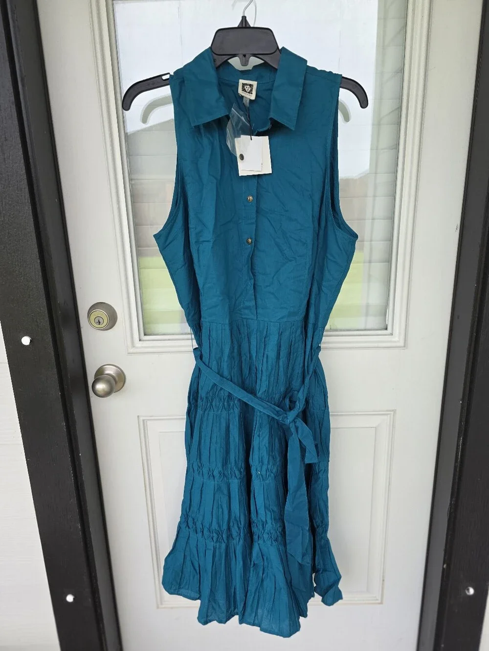 Anne Klein Teal Sleeveless Shirt Dress Belted Tiered Midi Dress Size 14 NWT